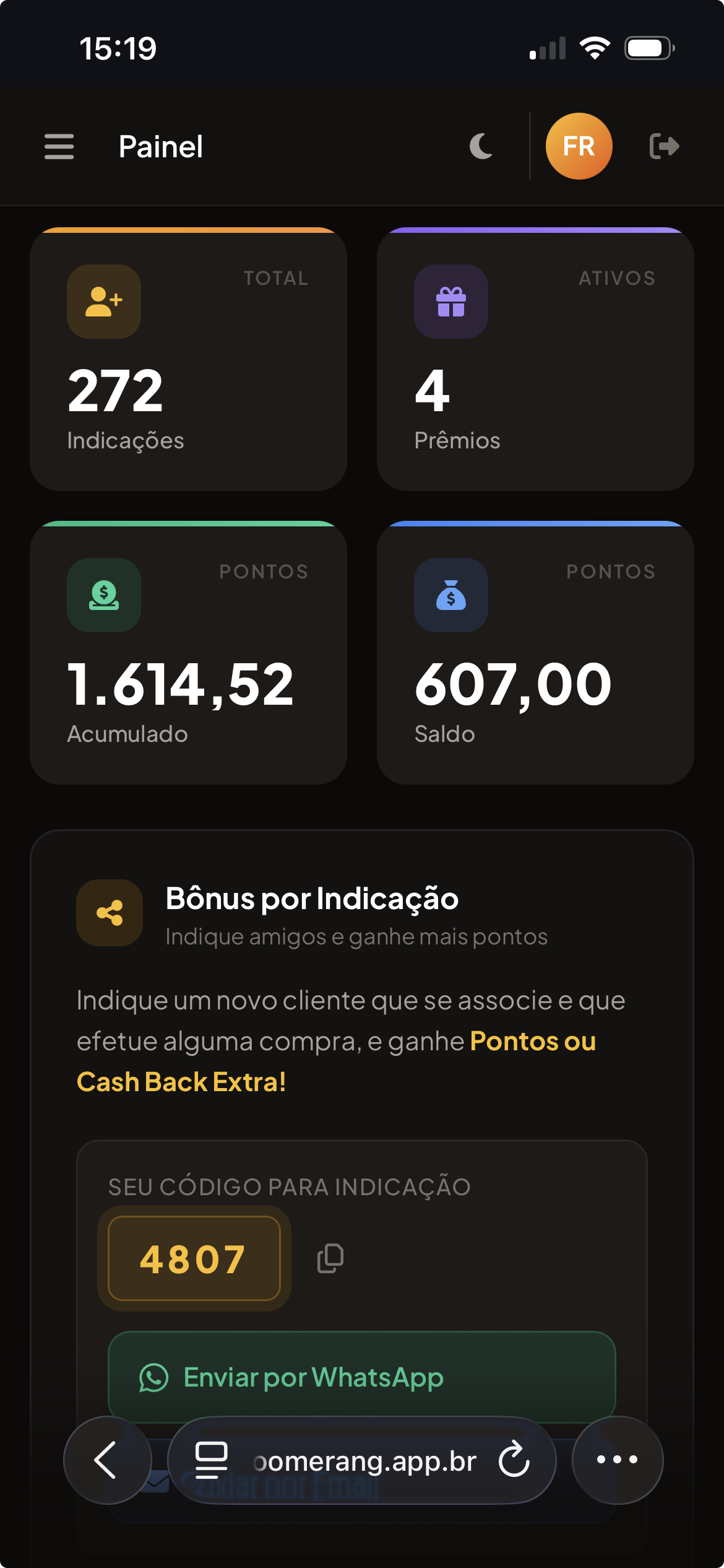 Painel do cliente no celular